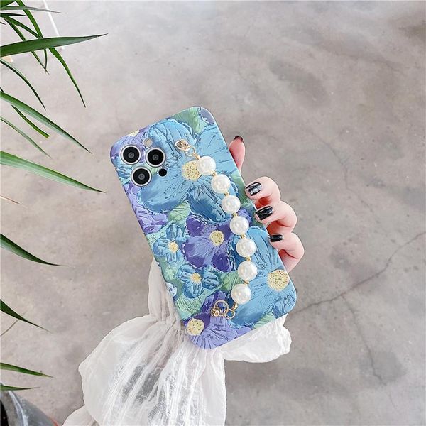 

cell phone pouches pearl rhinestone wrist bracelet blue flower case for 12 11 pro max x xr xs 7 8plus se2021 protective