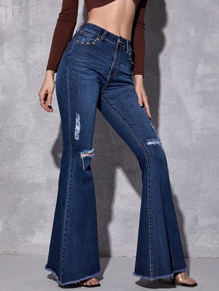 

high waisted ripped flare leg jeans 06ar#, Blue