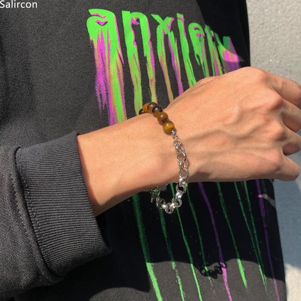 

beaded, strands fashion geometric round grass beaded charm bracelet for women men silver iron chain link hiphop lasso jewelry gift, Black