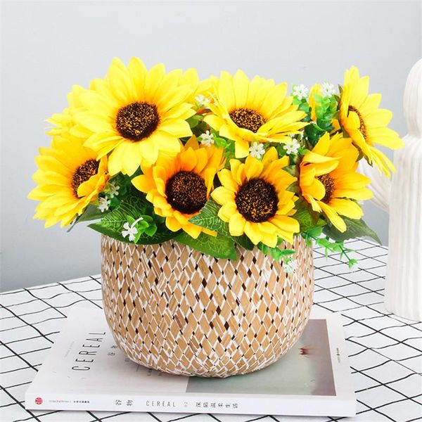 

1bunch sunflower silk artificial flower bouquet wedding party home garden decoration living room table window decor fake flowers decorative