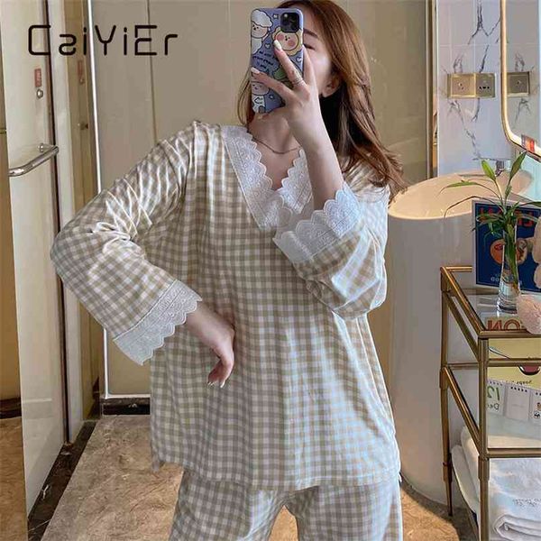 

caiyier women grid pajamas set princess sweet fashion cute sleepwear lace long sleeve pant v-neck loose homewear 2piece/set 210924, Black;red