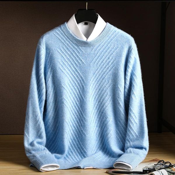 

men's sweaters autumn and winter round neck sweater business casual skin-friendly thickening pure color knitted pullover 100% wool, White;black