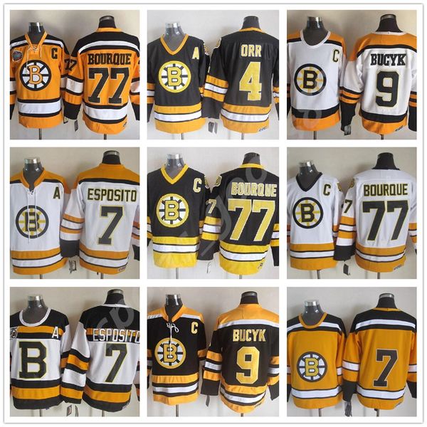 

vintage boston bruins jersey 7 phil esposito 77 ray bourque 9 johnny bucyk black white yellow ccm retro hockey jerseys size 48-56, Black;red