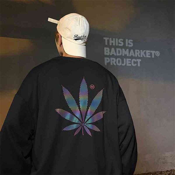 

reflective sweater round neck ruffian handsome spring and autumn tide brand clothes ins hip hop harajuku loose coat male, Black