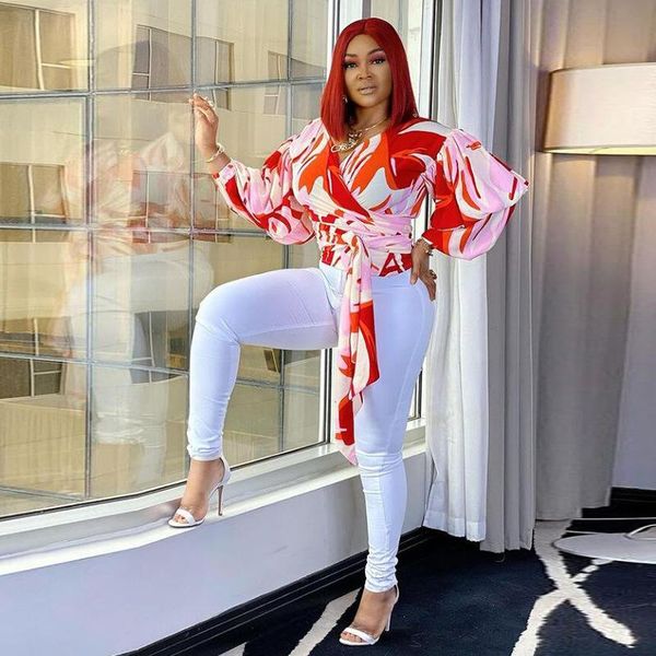 

women's blouses & shirts 2021 spring fashion print long-sleeved shirt with deep v-neck knot and flounces, White