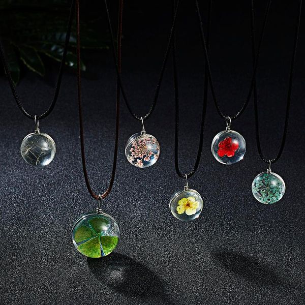 

pendant necklaces handmade dried flower gypsophila dandelion transparent ball leather rope chain women jewelry gifts, Silver