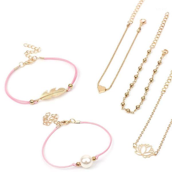 

charm bracelets women's sets boho statement pink wax rope pearl leaf tree style lady's hand & bangle accessory cuff jewelry1, Golden;silver