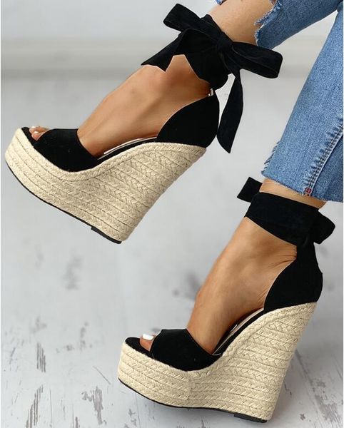 

dress shoes women summer butterfly knot solid black open toe sandals fashion platform high heels wedge ankle bowtie 35~42