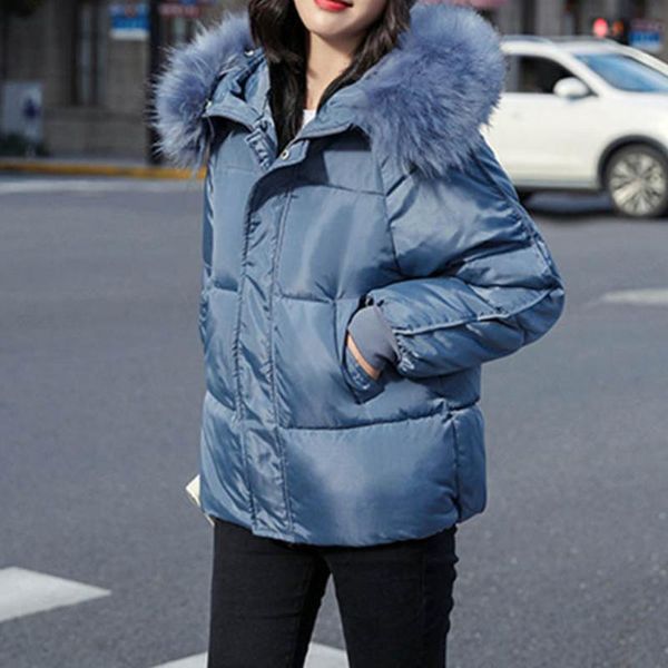 

women's down & parkas 2021 female fashion outwear large fur collar hooded thick cotton thickened jackets winter coats solid simple, Black