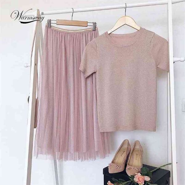 

silver shiny lurex knitted womens two piece sets o-neck short sleeve t shirt + high waist mesh skirt c-069 210730, White