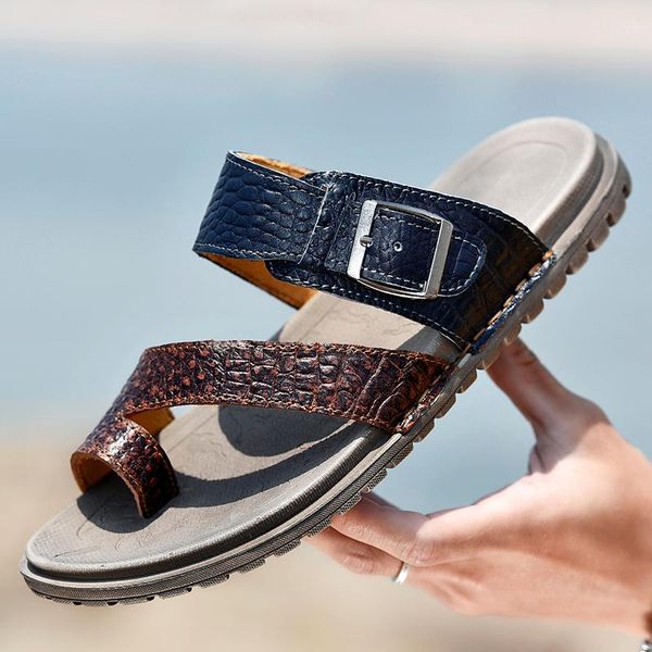 

sandals summer genuine leather men fashion brand quality gladiator beach slippers zapatillas hombre casual, Black