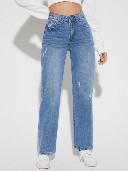 

washed ripped mom jeans t46f#, Blue
