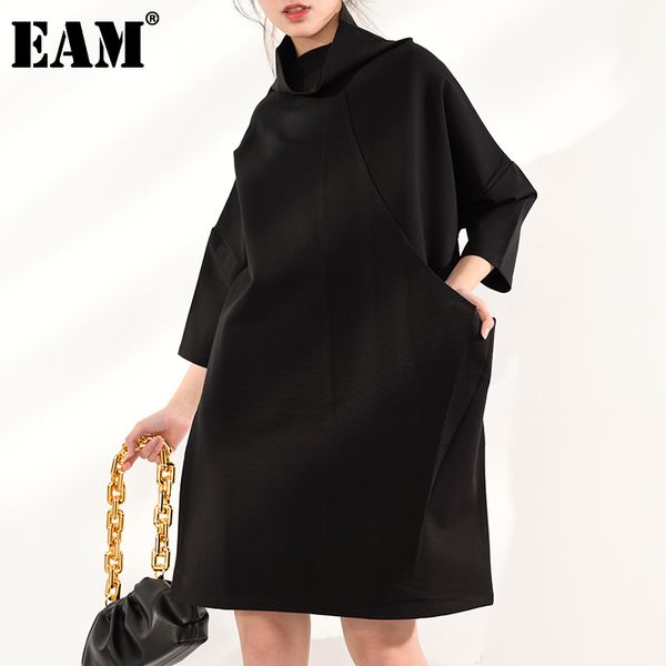 

[eam] women black leisure big size dress turtleneck three-quarter sleeve loose fit fashion spring autumn jl23001 21512, Black;gray
