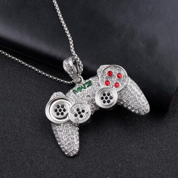 

chains crystal paved gamepad pendant necklace iced out link chain gold color for men fashion hip hop jewelry, Silver