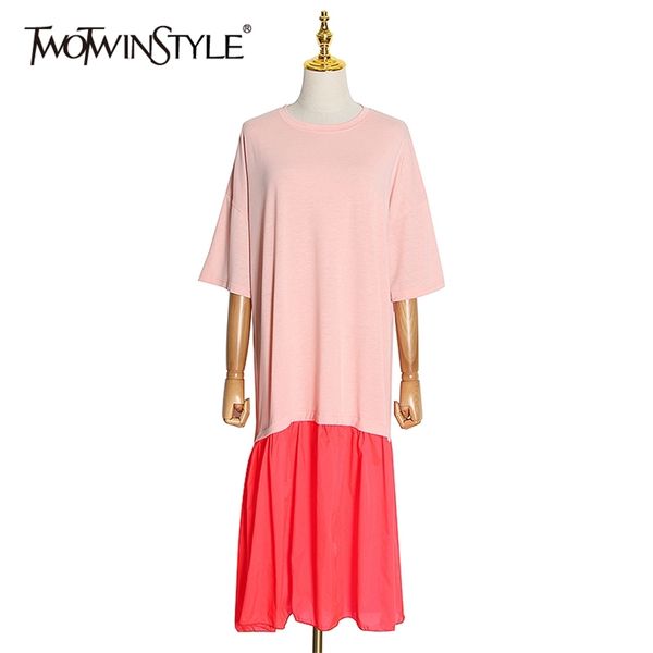 

casual patchwork hit color dress women o neck half sleeve high waist midi dresses female summer clothes 210520, Black;gray