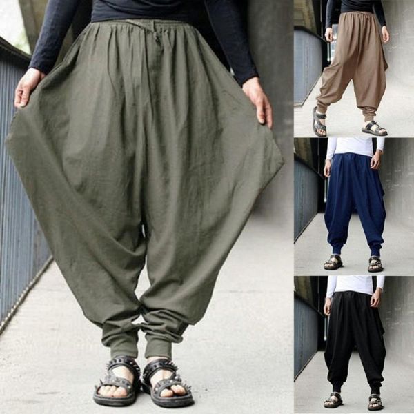 

men's pants 80% s vintage solid color loose sports harem wide leg elastic band long trousers, Black