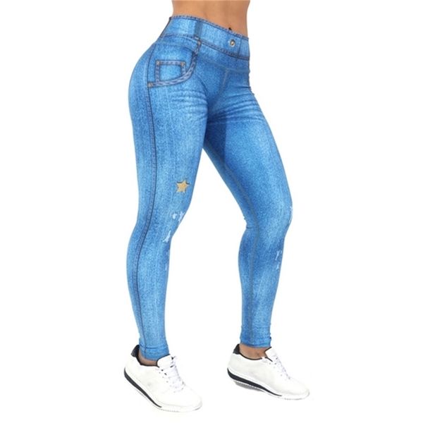 Mulheres Leggings Skinny Stretchy Calças Sweatpants Denim Print Star Design Calças Casuais Primavera Verão Jeggings (não jeans) 211204