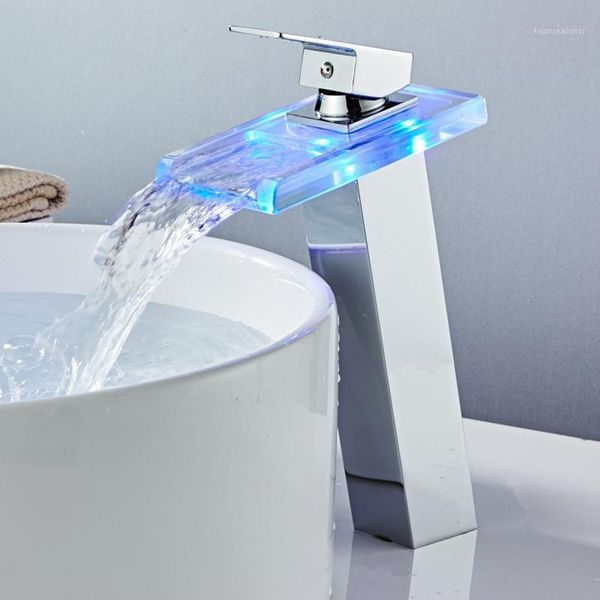 

bathroom sink faucets modern high waterfall faucet led basin tap brass temperature colors change mixer1