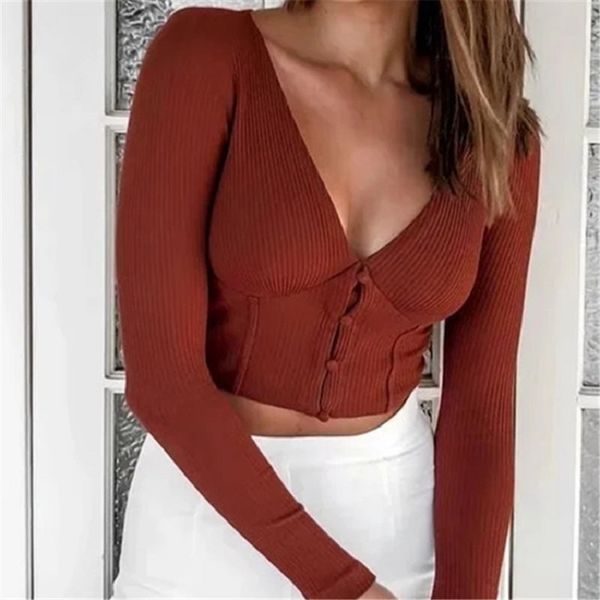 

streetwear three-dimensional stitching v-neck long-sleeved t-shirt for womens autumn short buckle t-shirt 210514, White