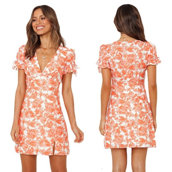 

2021 summer v-neck split short sleeve print slim s, Black;gray