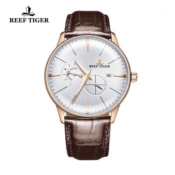 

reef tiger/rt 2021 watch men brown leather strap waterproof mechanical watches relogio masculino rga8219 wristwatches, Slivery;brown