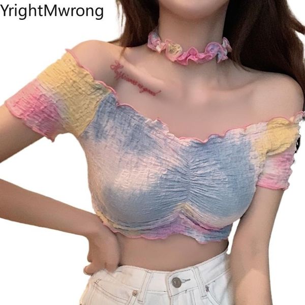 

off shoulder frill ruffles slash neck ring tie dye stretch bandage t-shirt summer crop ruched t shirt fashion blusas women's, White