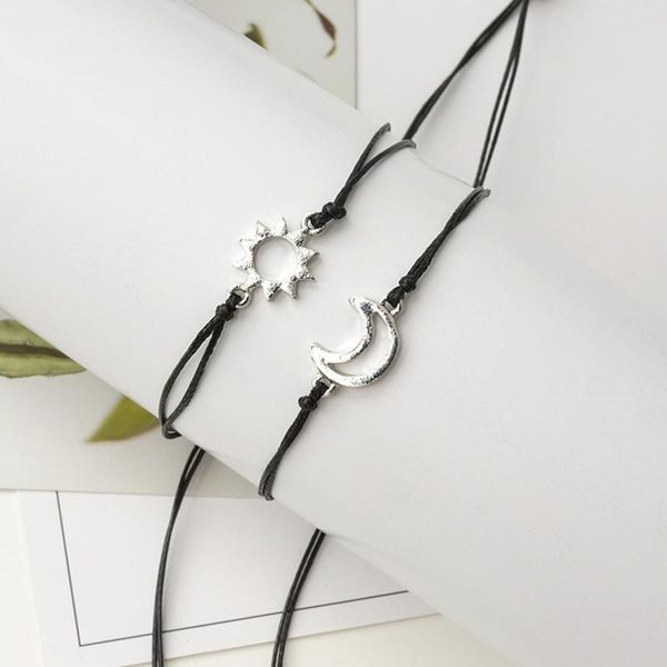 

2pcs bracelets set for women handmade braided black thread rope bohemian sun & moon charm couples, Golden;silver