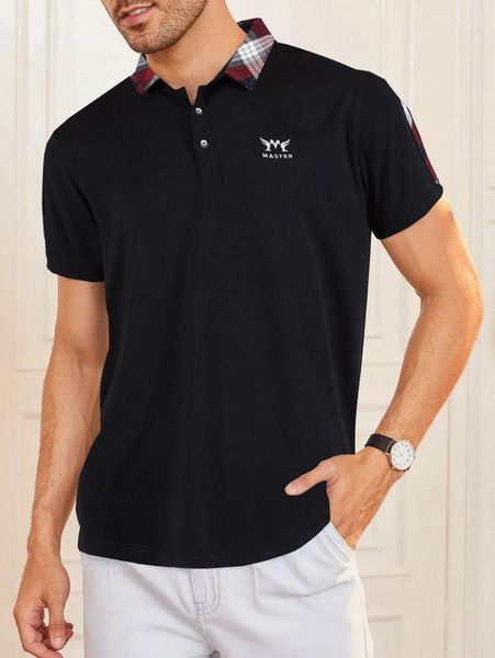 

men contrast plaid collar letter graphic polo shirt s8bo#, White;black
