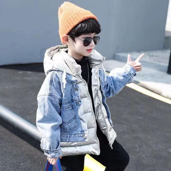 

children's cowboy warm jacket for boys and girls infant baby thicken toddler jackets 4-12y denim patchwork down coat cold winter, Blue;gray