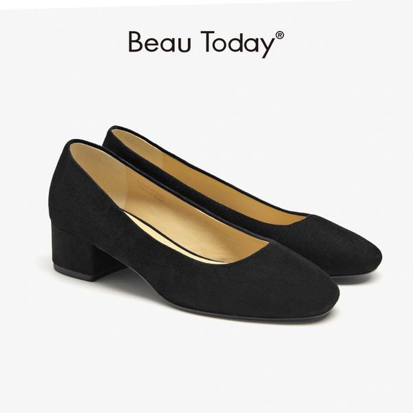 

dress shoes beautoday pumps women kid suede leather office ladies round toe shallow slip on thick heel work handmade 15302, Black