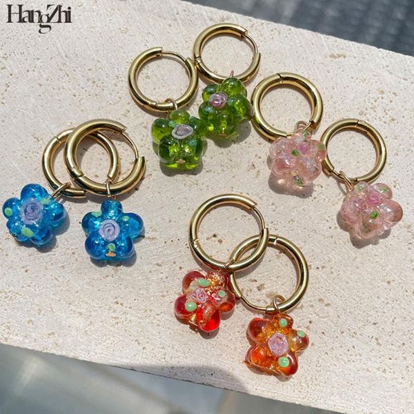 

hoop & huggie hangzhi 2021 colorful glazed flowers earrings pendant dangle resin metal earring for women girls holiday jewelry, Golden;silver