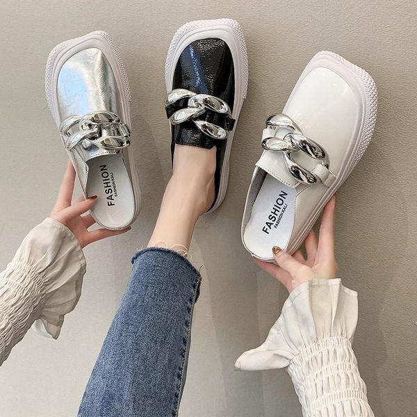 

square toe rivet shoes slippers flat low luxury slides slipers women designer cover 2021 fashion retro metal decoration pu basic, Black