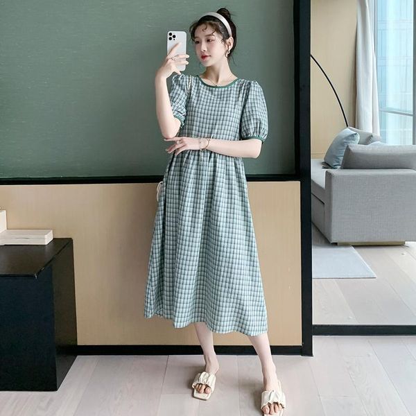 

maternity dresses 440# dress summer short sleeves plaid o neck easy matching loose stylish pregnant women mom, White