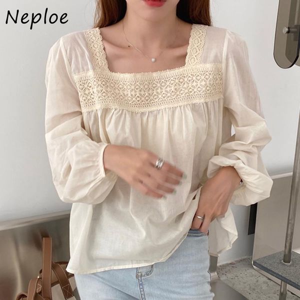 

women's blouses & shirts neploe lace patchwork blouse women korean chic long sleeve sunscreen blusa summer 2021 square collar lady, White