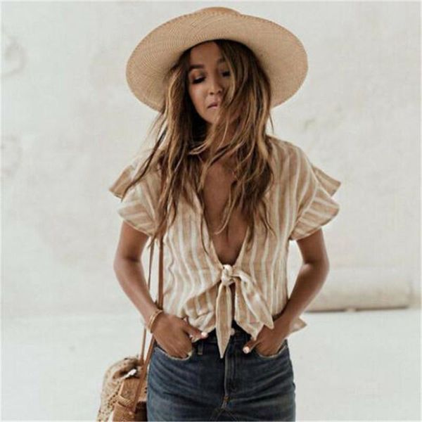 

women summer blouses fashion stripe knot shirts casual loose short butterfly sleeve bow blouse deep v-neck holiday shirt, White