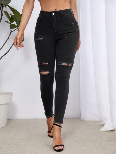 

high waist ripped detail skinny jeans i41d#, Blue