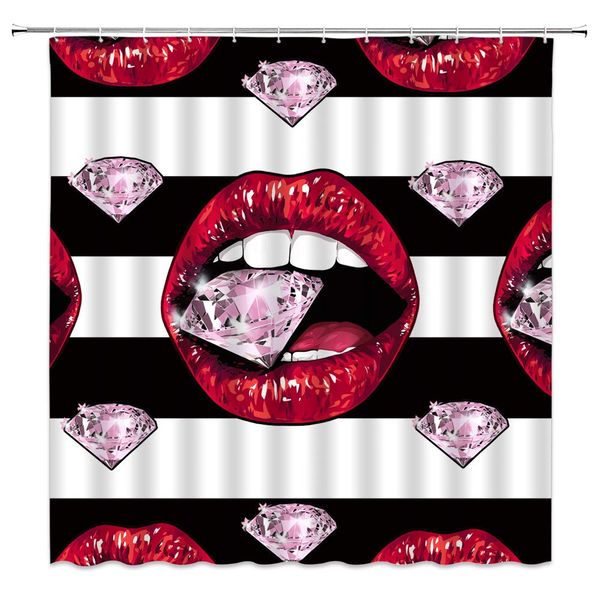 

lips shower curtain female red lips pink diamond black and white stripes,70x70 inch polyester fabric bathroom