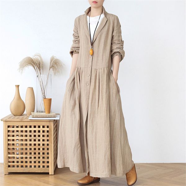 

johnature women japan style trench cotton linen coats button spring vintage stand long sleeve solid color robes loose coat 210521, Tan;black