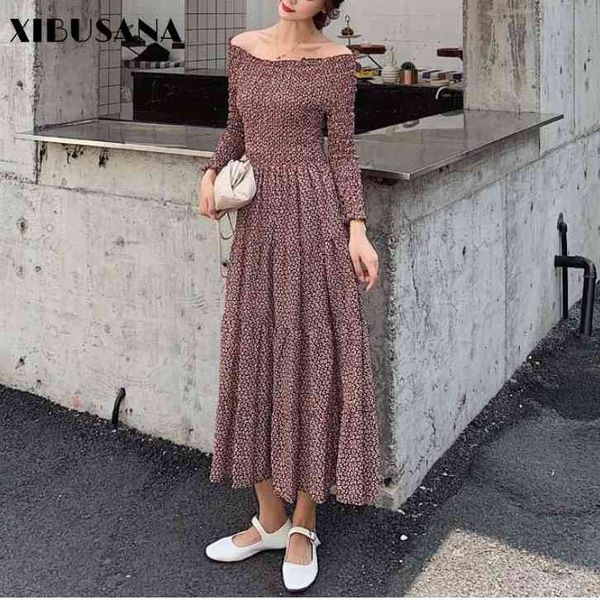 

vintage off shoulder ruffle chiffon dress women spring autumn fashion female long sleeve floral party dresses 210423, Black;gray