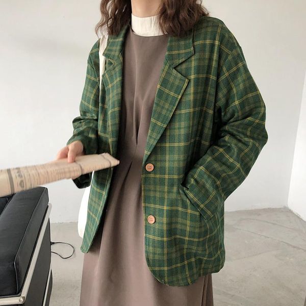 

korean women autumn green plaid blazer coat single breasted outer wear jacket with pocket vintage plus size long sleeve, White;black