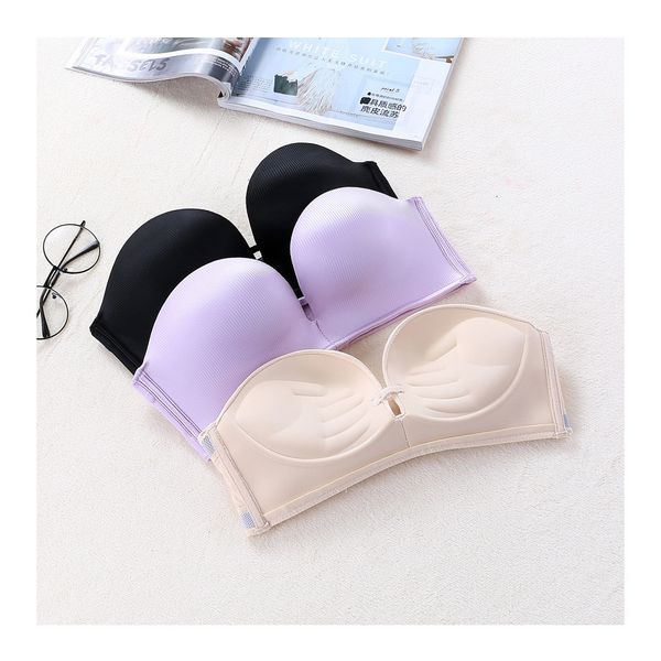 

summer invisible anti slip strapless bra new beauty striped wedding chest pasted thin gathering underwear, Red;black