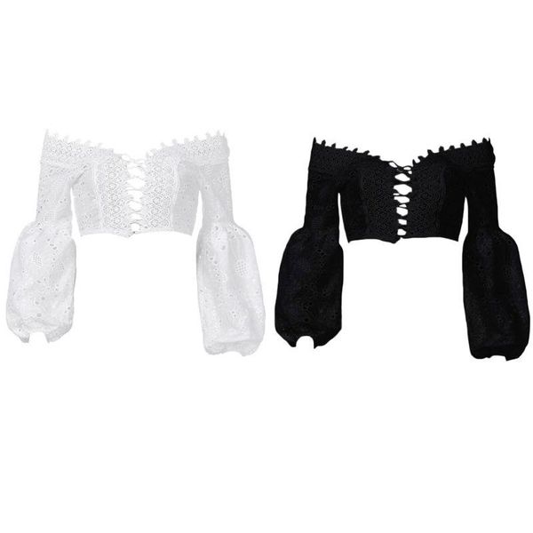 

women's t-shirt 2021 womens summer long puff sleeve crop embroidered hollow out floral lace cross bandage off the shoulder, White