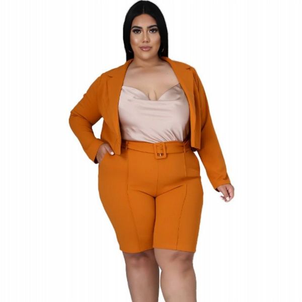 

plus size tracksuits 4xl two piece sets women notched neck blazer shorts fashion solid elegant large office lady suits, Black