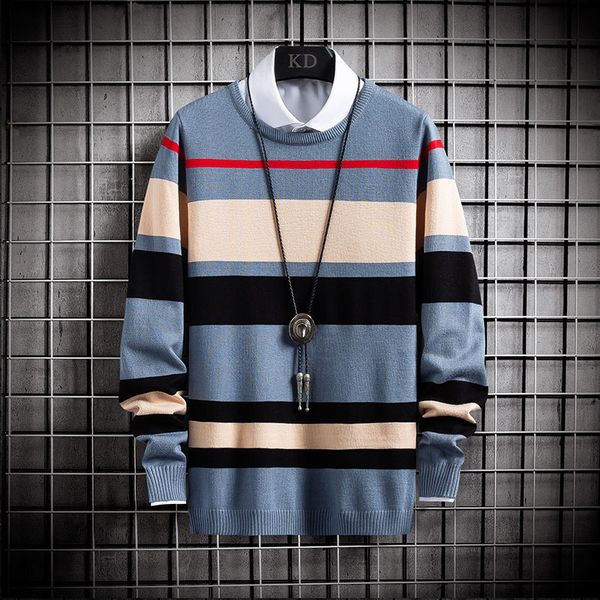 

sweater knit autumn and winter 2021 men's t shirt thickened round neck pullover striped baseline fashion, White;black