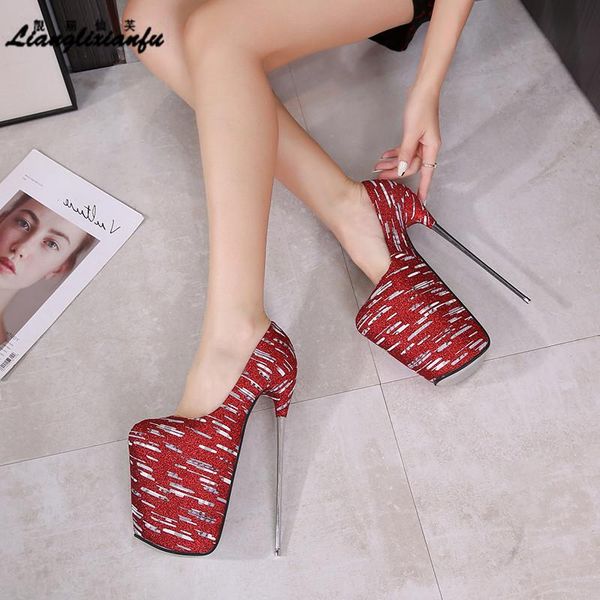 

dress shoes llxf steel pipe dance stiletto catwalk shows 22cm ultra high metal thin heels woman round toe red female platforms pumps, Black