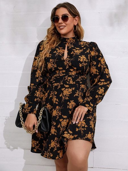 

plus allover floral peekaboo a-line dress o6hu#, Black