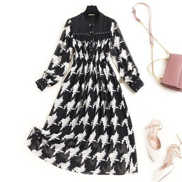 

casual dresses dress women fashion chiffon floral 2021 early autumn single-breasted a- line 15182 vestido oodji, Black;gray