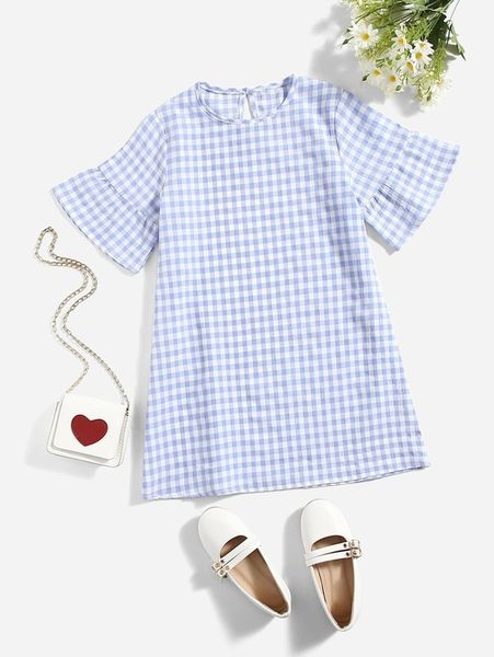 

girls gingham ruffle trim keyhole back dress she, Red;yellow