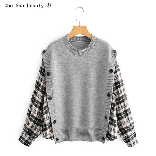 

fake two-piece plaid stitching knitted sweater women autumn korean loose shirt sleeve round neck pullover 210514, White;black