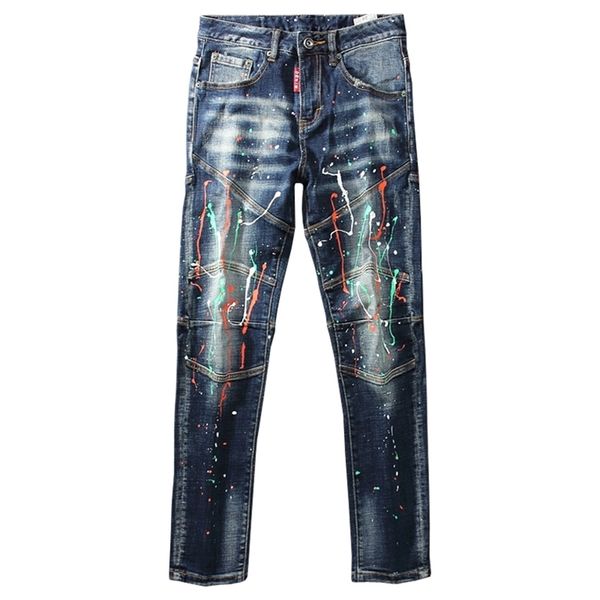 American Streetwear Fashion Men Jeans Retro Dark Blue Blue Designer Designer Biker Homme Elastic Painted Hip-Hop Pantaloni a matita 210716